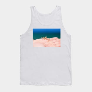 Little crab on human hand against blue sky and green ocean Tank Top